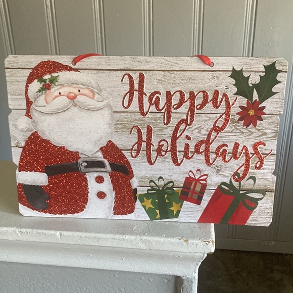 NWT Gleaming Red Glittered Santa Happy Holidays Planked Wood Decoration Sign - Picture 9 of 17